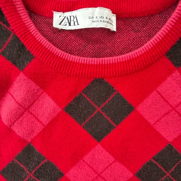 ZARA Girly Red Pink Black Argyle Diamond Stretchy Knit Dress – Preppy Y2K Small - Picture 3 of 12